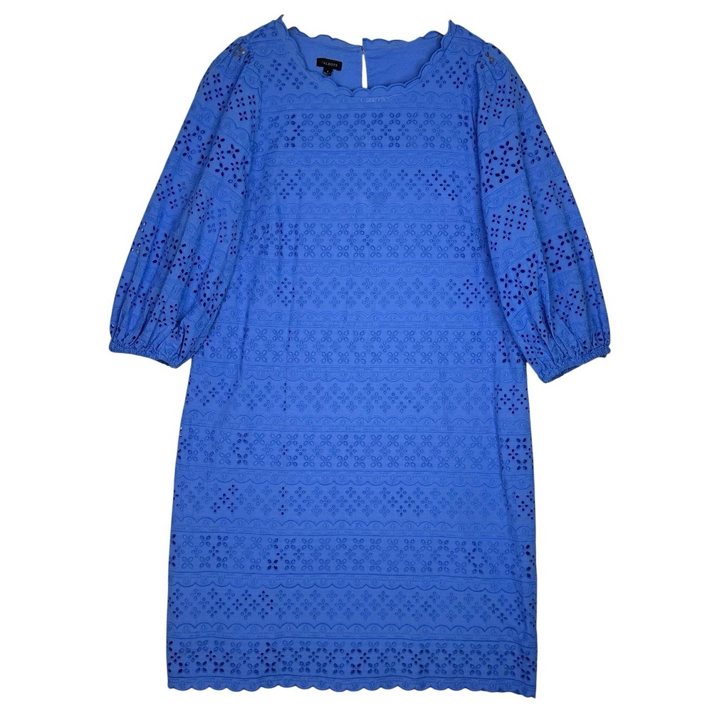 Talbots Womens Eyelet Dress Size 8 Blue Cotton Lined Scalloped‎ Neck 3/4 Sleeve